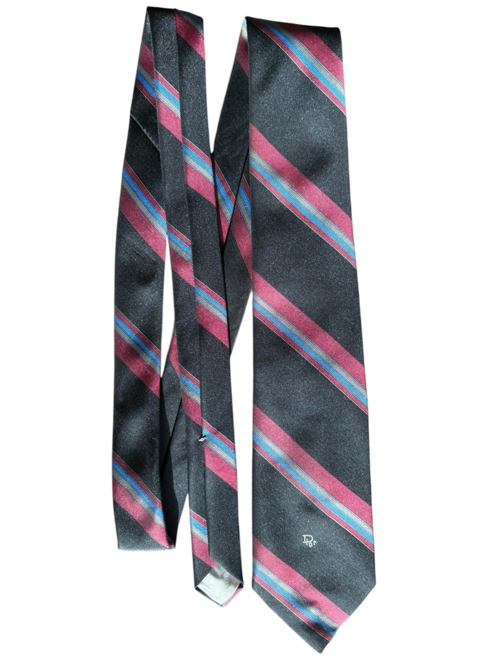 Christian Dior Black Maroon Blue Stripe Polyester/Silk Blend Made in USA 58.5"